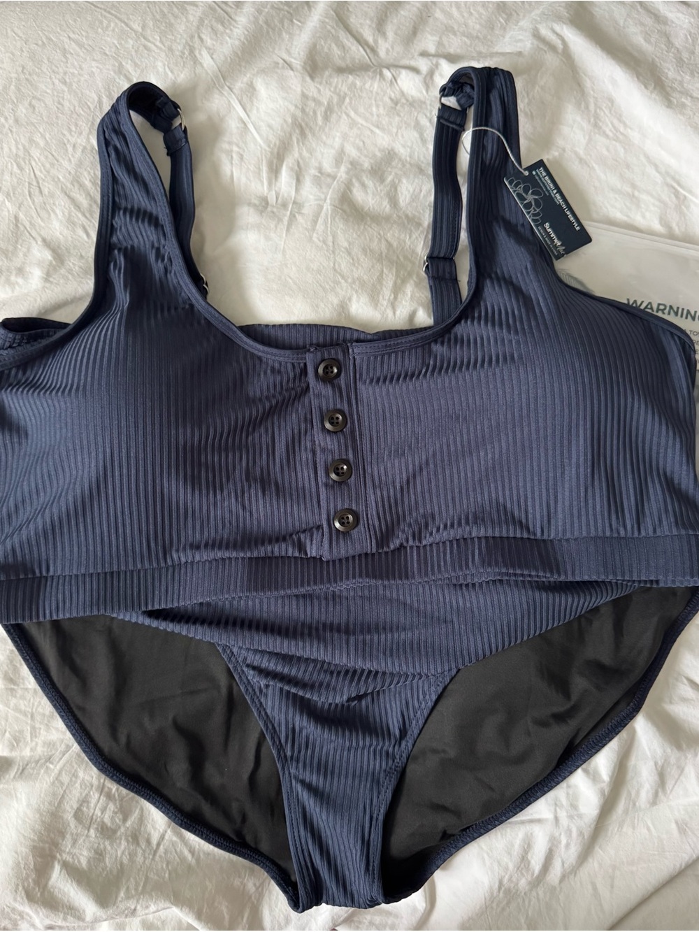 Plus Size Navy Ribbed Button-Front Bikini Set - Picture 6 of 6